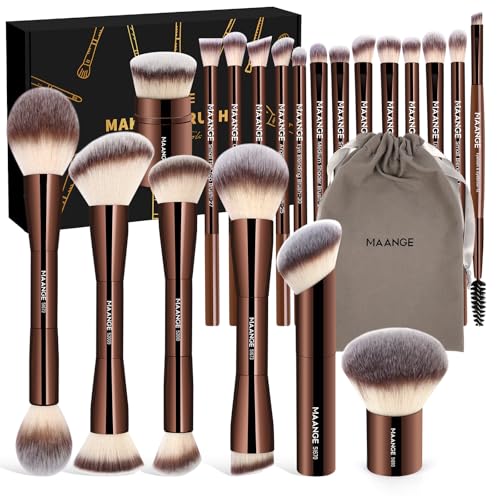 MAANGE 20 PCS Foundation Makeup Brush Set, Double-ended Kabuki Contour Brush for Liquid Powder Concealer Blending Blush Face Makeup Tools (20pcs-Coffee)