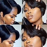 Onefa Cut Wigs for Black Women Short Human Hair Wigs Straight Hair Natural Brazilian Virgin Glueless Wigs Ladies Wigs for Charming Daily Party Cosplay Hairpiece (Black)
