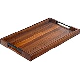 Acacia Wood Serving Tray with Handles 16.5"x12" with 2 Silicone Mats – Large Decorative Wooden Ottoman & Coffee Table Tray for Breakfast in Bed, Dinner, Kitchen, Bar, Home Décor & Party Serving