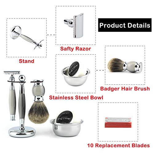 VICYUNS Luxury Grooming Shaving Set for Men Including Double-sided Razor, Allergy Shaving Soap, Stainless Steel Mirror Bowl, Hair Shaving Brush,10 Replacement Blades (Gray)