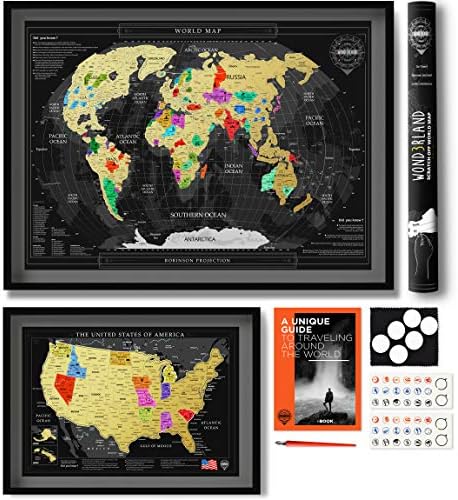 Three Scratch Off World Map with US States - Deluxe Large Wall Poster - Detailed Travel Tracker - Perfect Gift for Travelers - Bonus Adhesive Stickers + Scratch Tool + Wiping Cloth + Unique eBook …