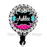 Retractable Badge Reel - Damask Black Blue and Pink with Swarovski Rhinestones - Personalized Name - Badge Holder