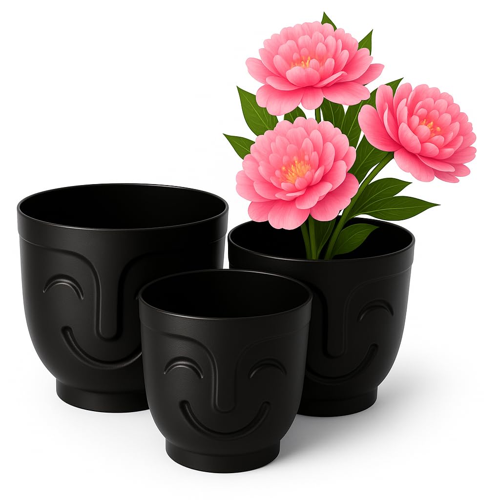 Home Garden Ornaments Plant Pots Indoor – Set of 3 Plastic Decorative Pots 14/16/18 cm, Smiling Face Pattern (Black)