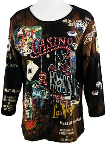 Cactus Fashion - Casino, 3/4 Sleeve, Scoop Neck Cotton Print Rhinestone Top