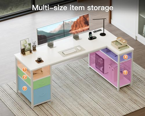 Coleshome Computer Desk with Drawers, 140×80 cm Corner Office Desk with Built-in Power Outlet, Reversible L Shaped Desk with Storage Shelves for Home Office, White