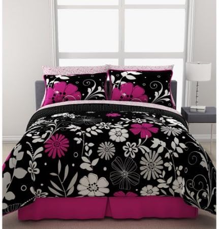 Pink Black White Girls Flowered Reversible Twin XL Comforter Sheet Bed In A Bag Set with JUMBO Pillow