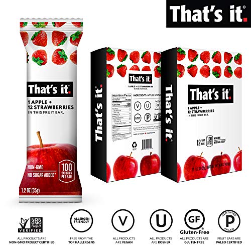 That's it. Apple + Strawberry 100% Natural Real Fruit Bar, Best High Fiber Vegan, Gluten Free Healthy Snack, Paleo for Children & Adults, Non GMO No Sugar Added, No Preservatives Energy Food (12 Pack)