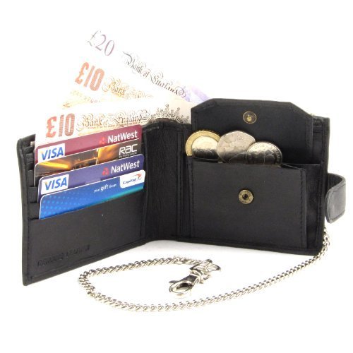 LorenzMen's Leather Coin Note And Card Wallet With Safety Chain Medium Black