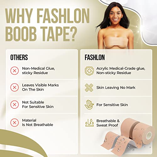 FASHLON Boob Tape (2-Roll, Safe for Sensitive Skin, Fits A-DD Cups), Boobtape for Large Breasts, Breast Tape Lift, Premium Breast Lift Tape, Body Tape for Breast, Boobytape for Breast Lift Beige