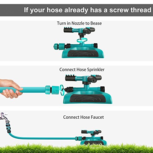 Lawn Sprinkler, Automatic 360°Rotating Garden Sprinkler Heads Adjustable Garden Watering Sprinklers with 3600 SQ FT Coverage Lawn Irrigation System Leak Free Design Durable 3 Arm Sprayer for Kids Play