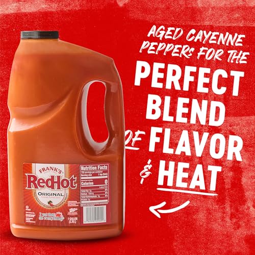 FRANKS REDHOT ORIGINAL CAYENNE PEPPER HOT SAUCE, 1 GAL – ONE GALLON BULK CONTAINER OF CAYENNE PEPPER HOT SAUCE TO ADD FLAVORFUL HEAT TO ENTREES, SIDES, SNACKS, AND MORE