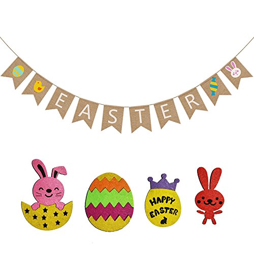 Happy Easter Burlap Banner by Asommet, Easter Decorations Felt 4 pcs ( Egg Bunny Rabbit ) Easter Decor Bunting Garland Flags Hanging Banner Flag Felt Ornament for Home Fireplace Party Favor Photo Prop - Thumbnail 7