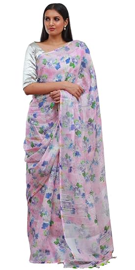 Floral Digital Print 100 Count Pure Linen Lavender Saree for Women with Blouse Piece
