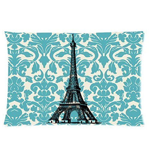 Teal Turquoise Damask Vintage French Floral Swirls With Paris Eiffel Tower Zippered Pillow Case Decor Pillow Covers Soft Rectangle Pillowcase 20"x 30" Inch (Twin Sides)