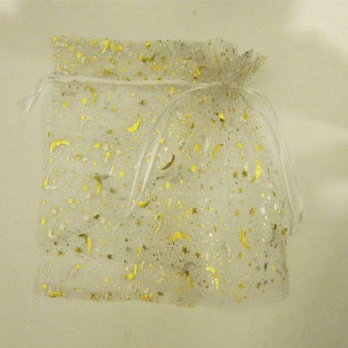 10 - Organza Bags - Gift Pouches - Large - Gold Moonstar Pattern- White - 17x23cm