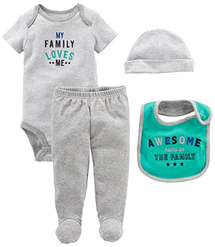 Simple Joys by Carter’s Baby Boys’ 4-Piece Bodysuit, Pant, Bib and Cap Set, Grey Family Loves Me, 3-6 Months