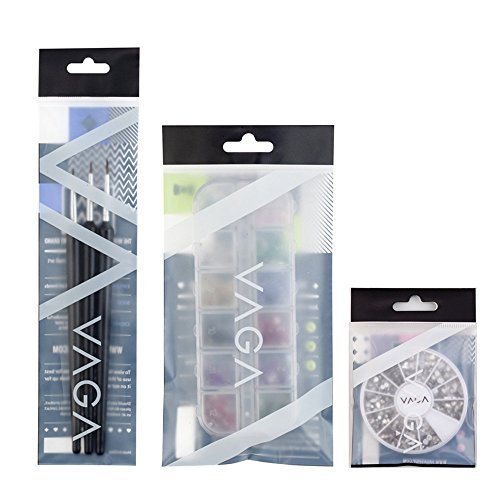 High Quality Professional Nail Art Accessories Set of Silver Gems / Rhinestones / Crystals In Different Shapes, Nailart Gemstones Mixed Colors in Case And Fine Detail Wooden Nailart Brushes By VAGA - Thumbnail 2