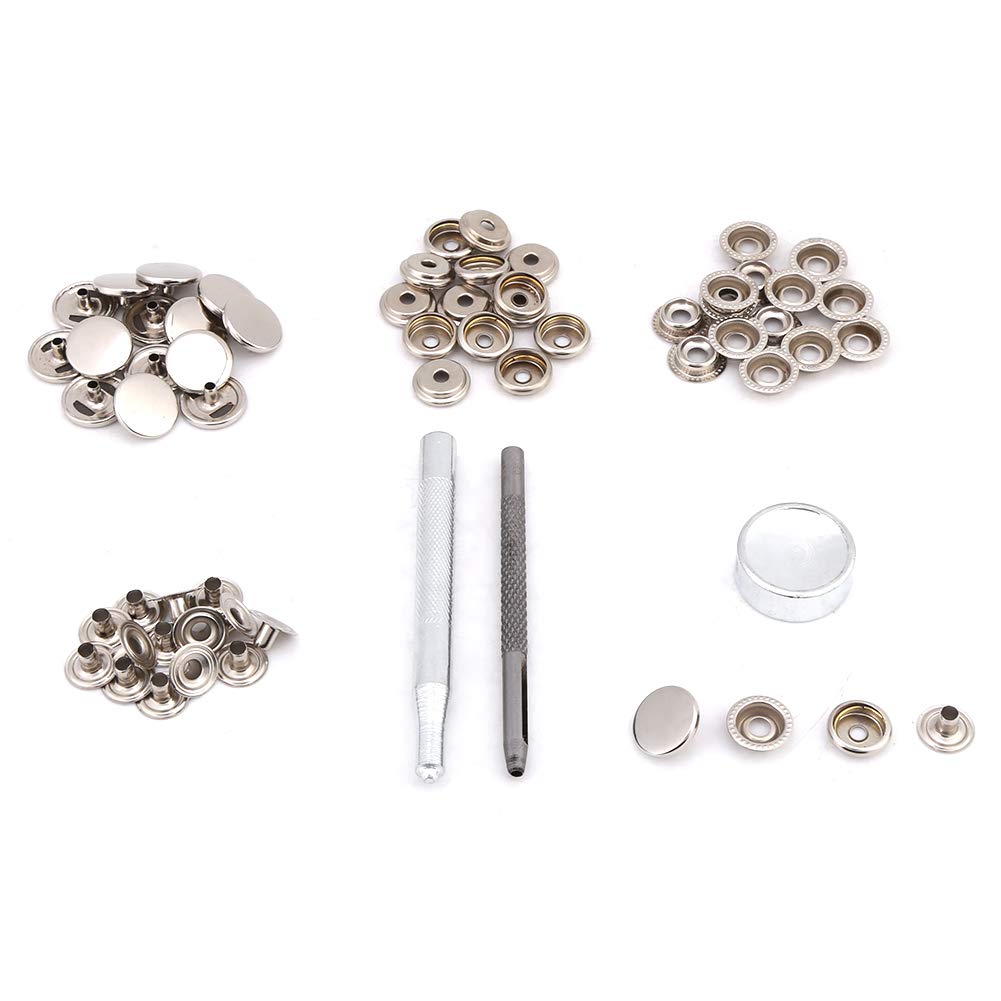 15mm Metal Press Stud Buttons 15 Sets Snap Button Fastener with Tools for Leather Craft Clothes Jacket Bags Repair (Silver)