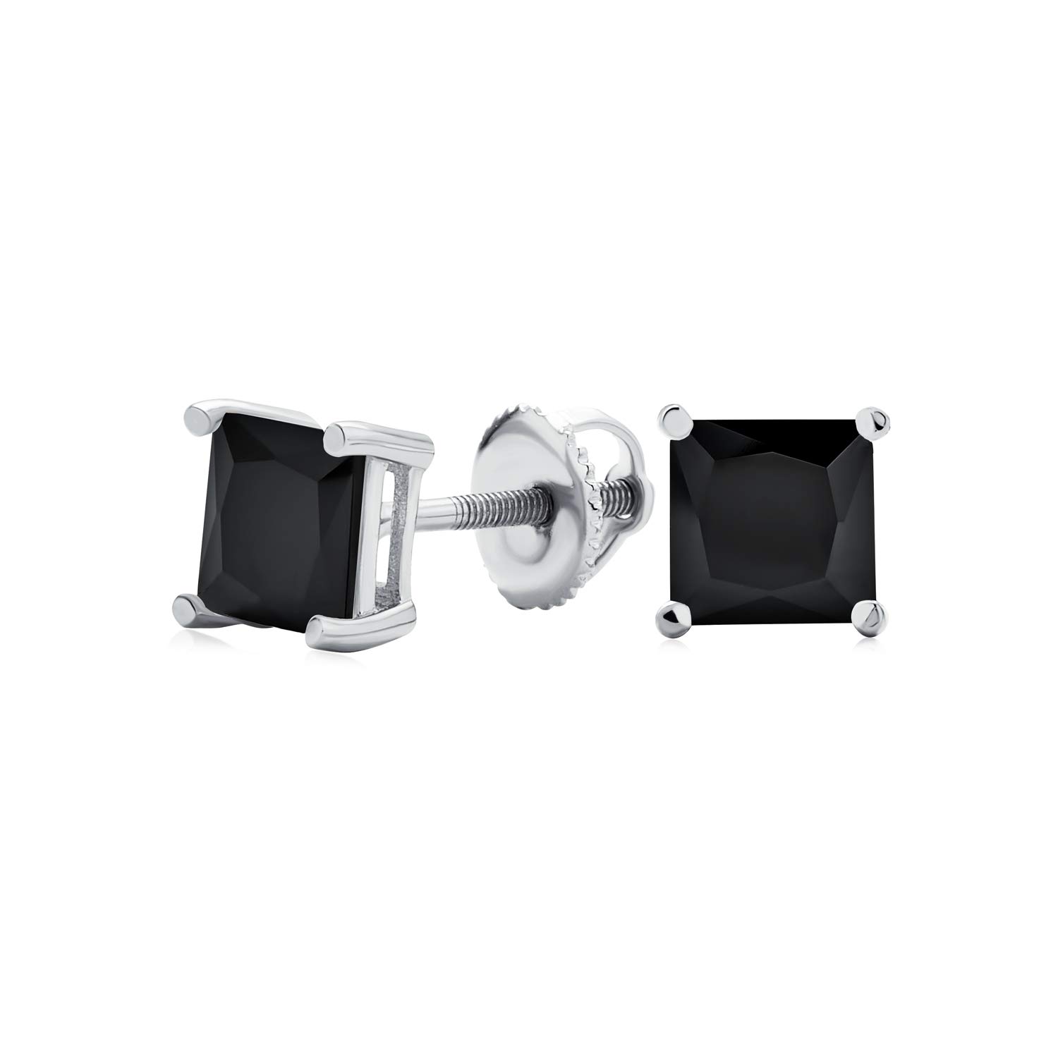 Black Square Cubic Zirconia Princess Cut CZ Stud Earrings For Women Men Screw back .925 Sterling Silver — image 1