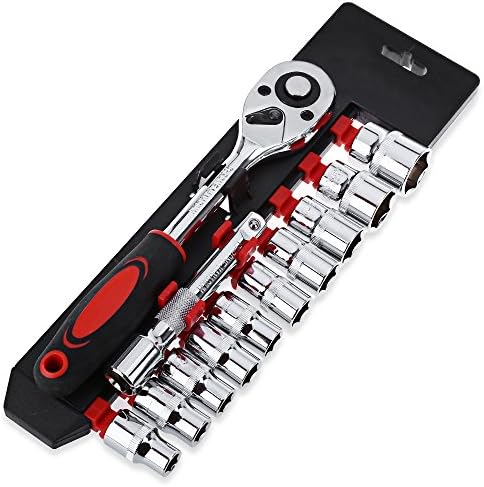 12pcs 1/4 Inch Ratchet Socket Wrench Set, Drive Socket Set with 10 Sockets 4-13mm and 2 Way Quick Released Ratchet Handle and Extension Bar