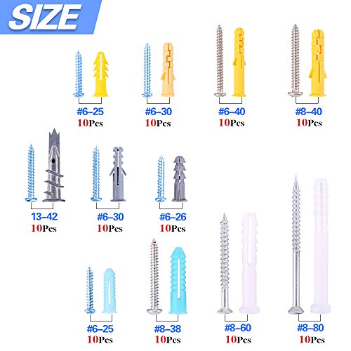 Glarks 220Pieces Plastic Self Drilling Drywall Ribbed Anchors HollowWall Anchor with Screws