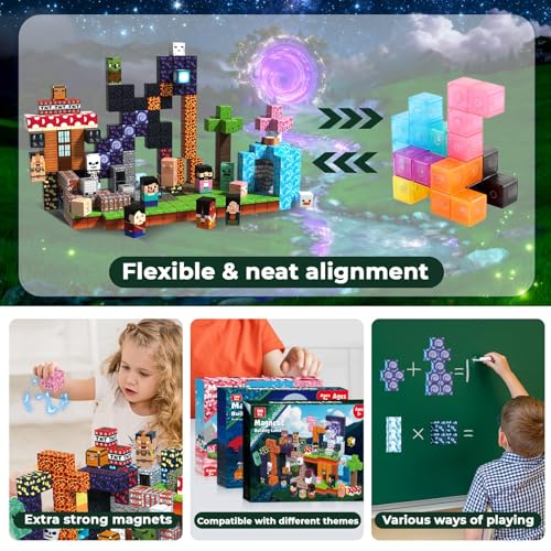 GraceDuck 300PCS Magnetic Blocks - Magnet Building Blocks, Stacking Magnetic Cubes Toys Adventure Themed Set, STEM Montessori Sensory Toys for Kids Boys and Girls Ages 3 4 5 6 7 8 9 Birthday Gifts
