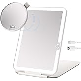 LUKYMIRO Rechargeable Travel Makeup Mirror with Lights, Portable Lighted Regular Mirror with Small 10X Magnification, 70 LEDs 3 Color Dimmable, Tabletop Folding Compact Cosmetic Mirror