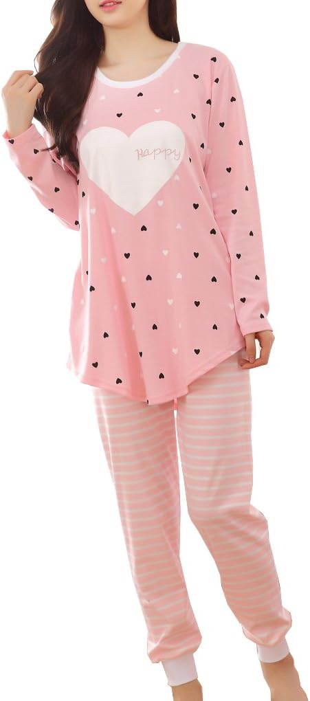 VENTELAN Women's Hearts Sharp Printed Sleepwear Striped Nighty Irregular Pajamas