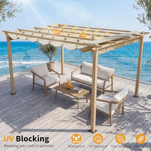 10'x13' Retractable Pergola Canopy, Aluminum Outdoor Patio Gazebo with Adjustable Roof & Sun Shade Canopy, Faux Wood Grain Metal Pergola for Backyard, Deck, Garden, Beige image 25