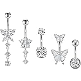 Quotik 14G Belly Button Rings, Stainless Steel Diamond Belly Rings For Women, Dangle Belly Button Rings With Butterfly, 6mm Short & 10mm Bar Navel Piercings
