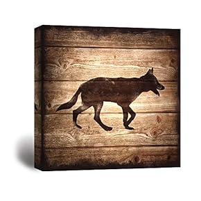 Square Wolf Silhouette on Rustic Wood Board Texture Background