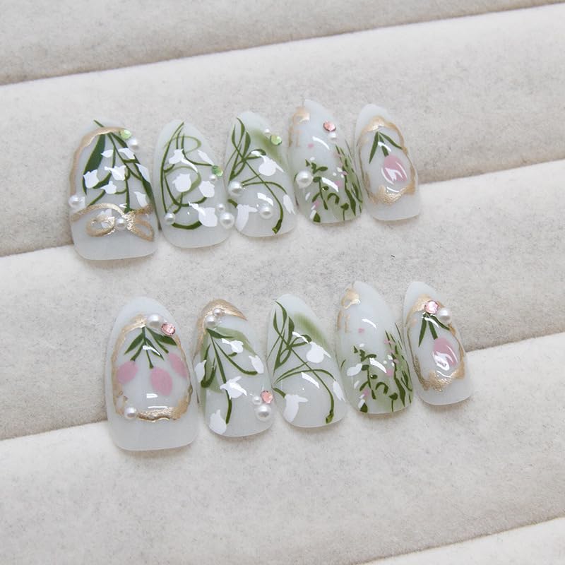 24Pcs Flower Bow Press on Nails Short Almond Fake Nails with 3D Pearl Diamond Design Pink White Flower Full Cover Stick on Nails Handmade Artificial Gradient Glossy Acrylic Nails False Nails for Women - Image 3