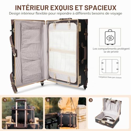 urecity Vintage Travel Suitcase Set with Digital Lock Luxury Cute Retro Cabin Luggage Sets 4 Wheels Suitcase (Black Crocodile Embossing, S(12")+L(26"))