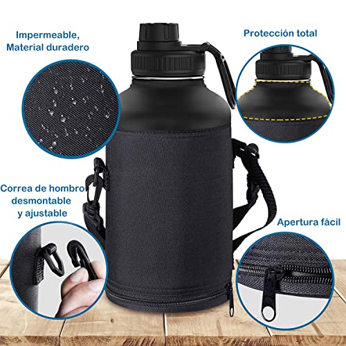 1920ml/64oz Termo de Acero Inoxidable,Termo de Agua con 2 Tapas y con chaqueta de aislamiento, Doble Pared y Tapa Hermética Antigoteo, ara Agua Fría (24 horas) o Caliente (12 horas).