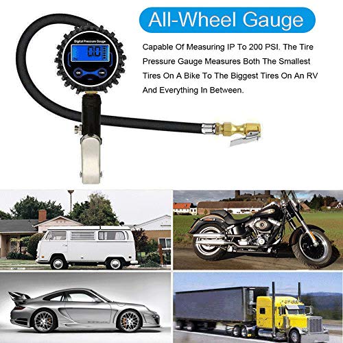 JYSW Digital Tire Inflator Pressure Gauge, 200PSI Heavy Duty Air Chuck and Compressor Accessories with Rubber Hose and Quick Connect Plug for Auto, Truck, Bike, Motorcycle, Backlit LCD 0.1 Accuracy