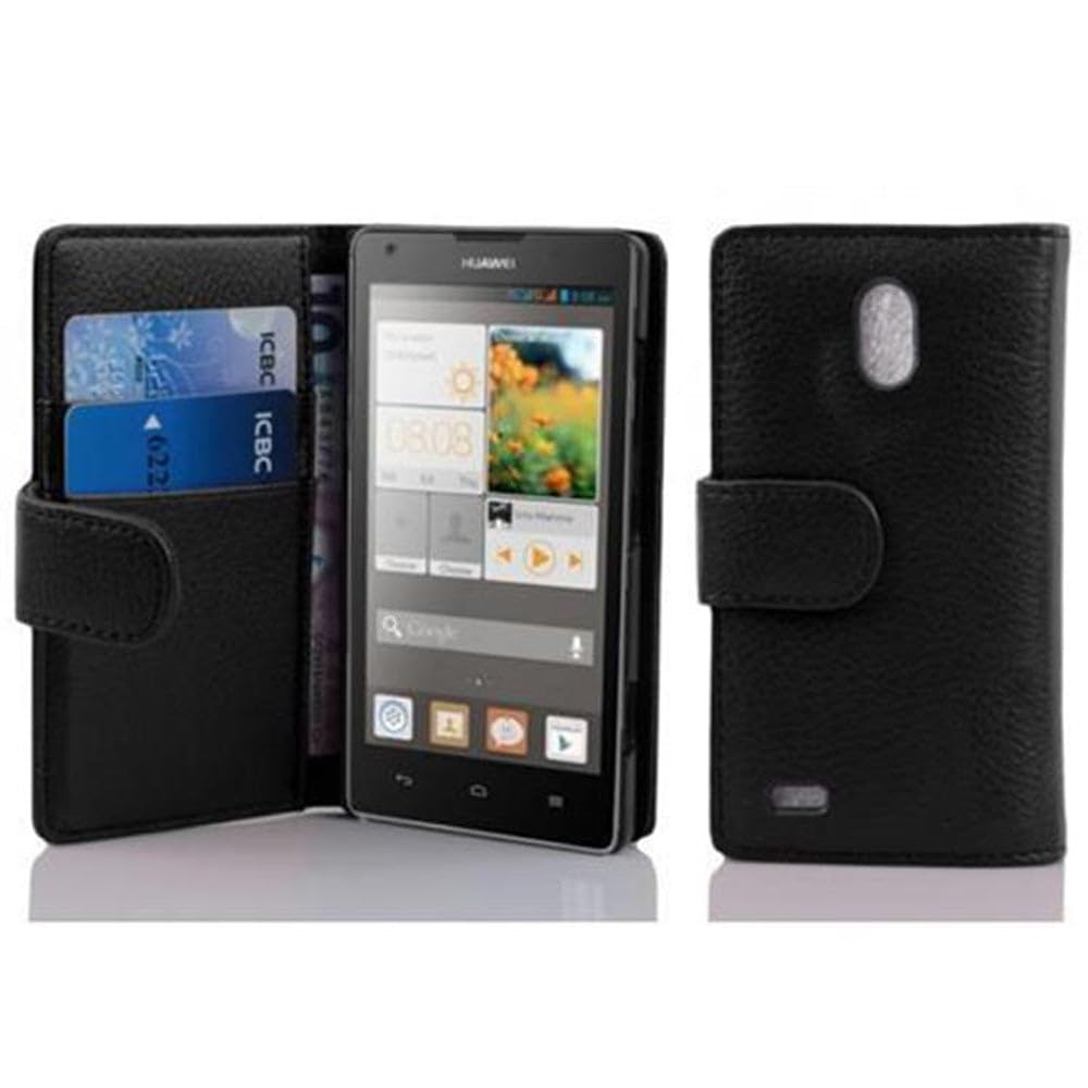 cadorabo Book Case works with Huawei ASCEND G700 in OXID BLACK - with Stand Function and Card Slot made of Structured Faux Leather - Wallet Etui Cover Pouch PU Leather Flip