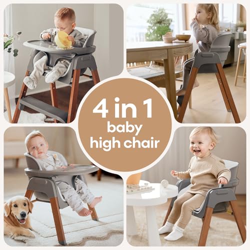 Fodoss Baby High Chair, Foldable Convertible, 5-Point Harness, Easy Clean Wood-Printed Metal Frame with Removable Tray, for Family (Gray & Walnut Wood-Printed Metal)