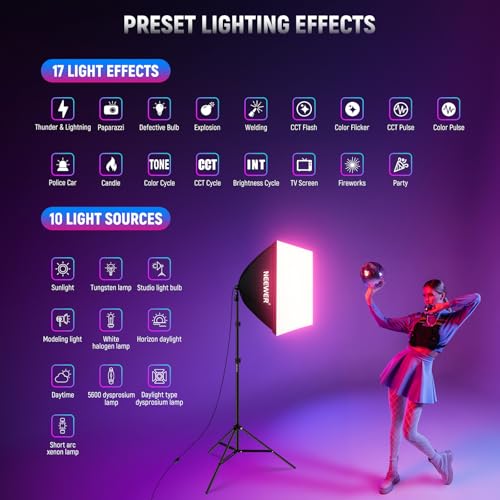 Neewer RGB Softbox Lighting Kit with App Control & 9 Effect Modes, 2 Pack 24W CE/UKCA Certified LED Bulbs CRI93+ TLCI98+, E27 Porcelain Sockets, 24" Softboxes, for Studio Photography Lighting, NK800