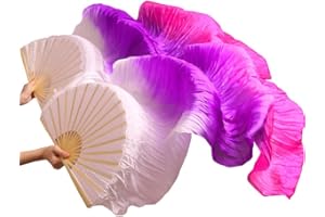 SNOWAQUA Belly Dance Faux Silk Veil Fans, 1 Pair (Left+Right) Faux Silk Bamboo Long Fans Veils, Handmade Belly Dance Dancing Silk Fans, Dance Performance