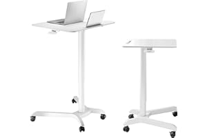 AVLT 44-inch Ambidextrous Pneumatic Laptop Standing Desk Cart (3 ft 8 in), Mobile Rolling Desk with Adjustable Height, Folding Computer & Projector Cart, White Cart with Brakes