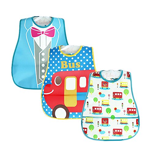 [3 Pack] Starworld Baby Bibs, Cute Waterproof Reversible Folding Pocket