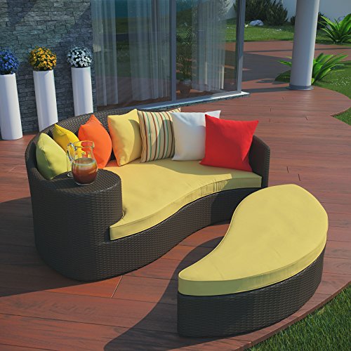 Modway Taiji Outdoor Wicker Patio Daybed with Ottoman in Brown with Orange Cushions