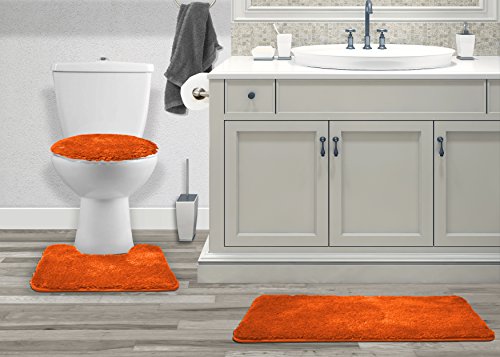 Mary 3 Piece Bathroom Rug Set, Luxury Soft Plush Shaggy Thick Fluffy Microfiber Bath Mat, Countour Rug, Toilet Seat Lid Cover, Non-Slip Rubber Back, Floor Mats Water Absorbent (Orange)