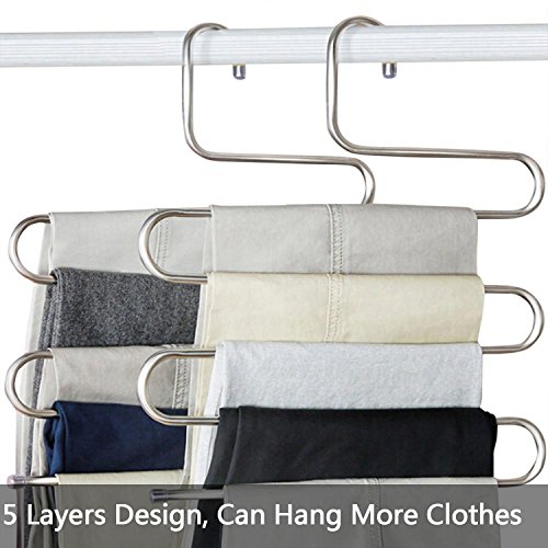 DS Pants Hangers S-Shape Trousers Hangers Stainless Steel Clothes Hangers Closet Space Saving Organizer for Pants Jeans Scarf Hanging Silver (4 Pack with 10 Clips) - Thumbnail 2