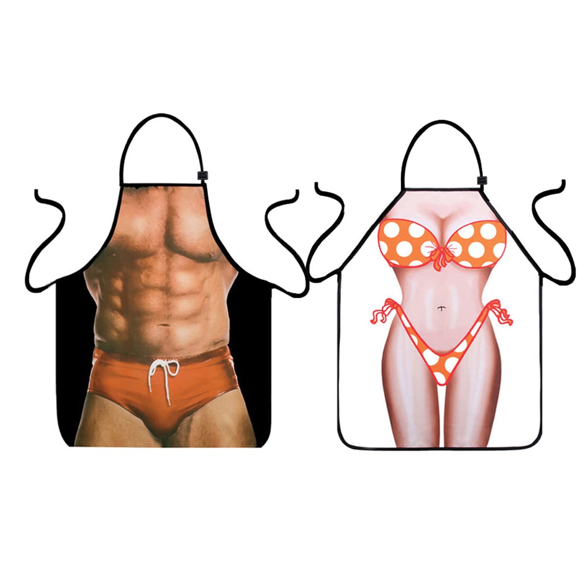 VIPbuy Set of 2 Pcs Novelty 3D Muscle Man & Bikini Woman Funny Kitchen Aprons Waterproof Sexy Pinny Apron Adjustable Cooking Aprons for Couples BBQ Gifts