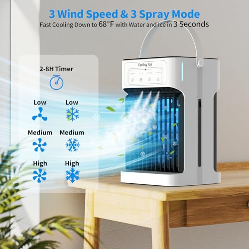Portable Air Conditioners, Upgraded Motor Evaporative Air Cooler with Remote, 3 Speeds & 3 Mist, 7 Color Night Light Cooling Fan with 2-8H Timer, 1100ML Personal AC Unit for Bedroom Office