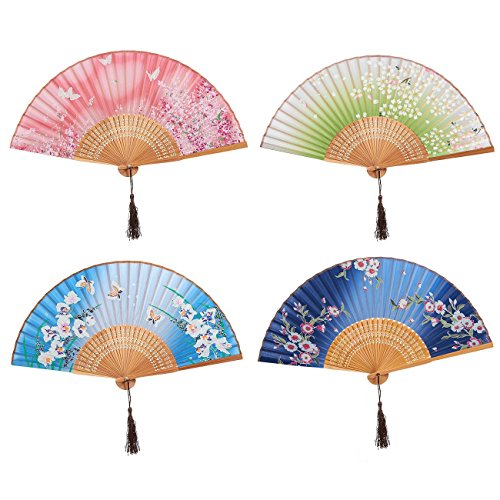 4-Piece Folding Fans - Hand-held Fans for Women, 4 Different Japanese Style Colorful Designs with Butterfly and Floral Illustrations