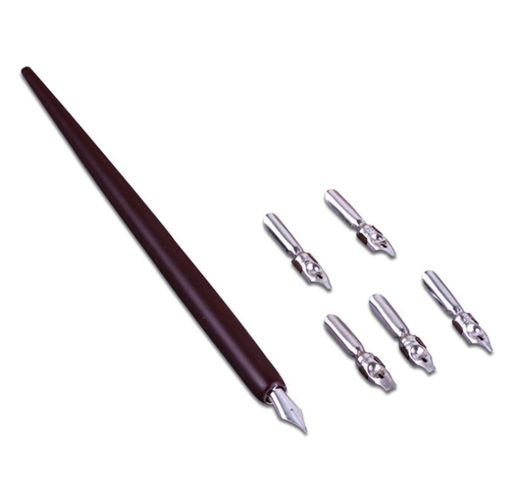 Hillento Wooden Calligraphy Dip Pen, Wood English Calligraphy Pen Copperplate Script Oblique Dip Pen Holder with 5 Different Nibs, Brown