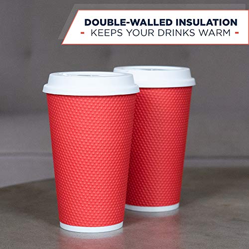 Glowcoast Disposable Coffee Cups With Lids - 16 oz To Go Coffee Cup With Lid (70 Set). Large Togo Travel Paper Hot Cups Insulated For Hot and Cold Beverage Drinks, No Sleeves Needed (Poppy)