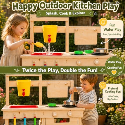 Wooden Outdoor Mud Kitchen for Kids, Waterproof Solid Wood Play Kitchen with Removable Faucet, Sink, Cutting Board, Toy Pots, Soil Cups, Magnetic Door and Storage Shelf